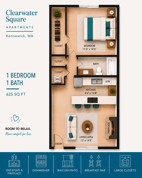 Floor plan for 1 bed, 1 bath, 625 sqft